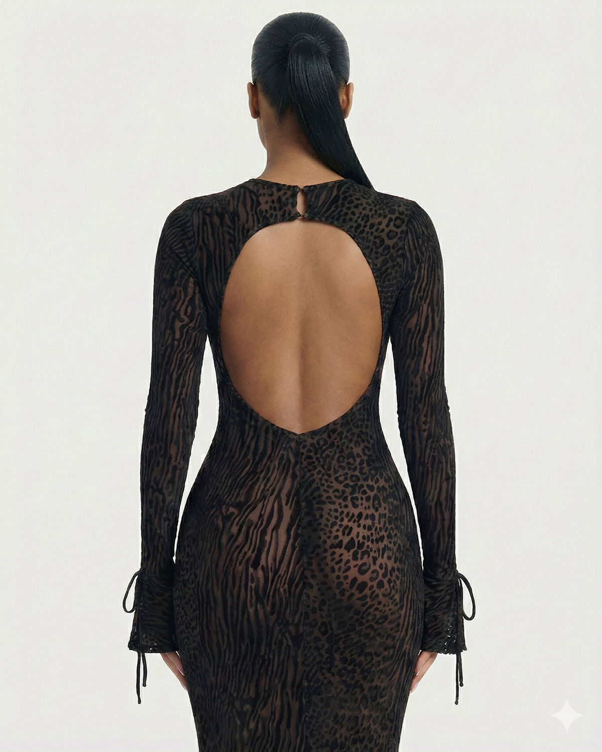 Ashley Mesh Open-Back Maxi Dress in Black — mixed animal print, long sleeves and an open back