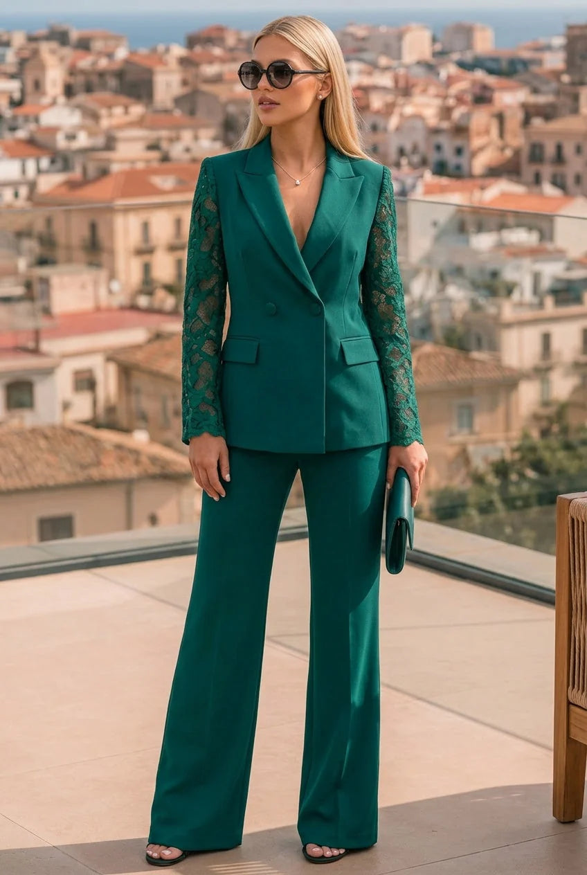 The Ashbourne Lace-Sleeve Trouser Suit in Emerald