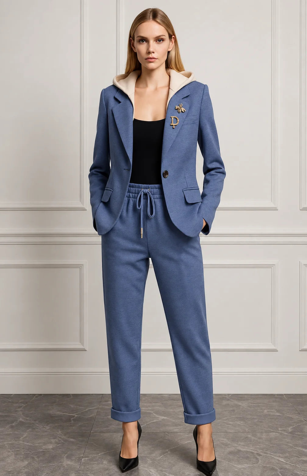 The Beaumont Hooded Trouser Suit in Dusty Blue