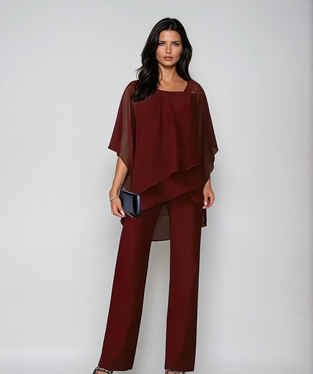 Mariella Layered Two-Piece Set in Red — asymmetric layered top with wide-leg trousers