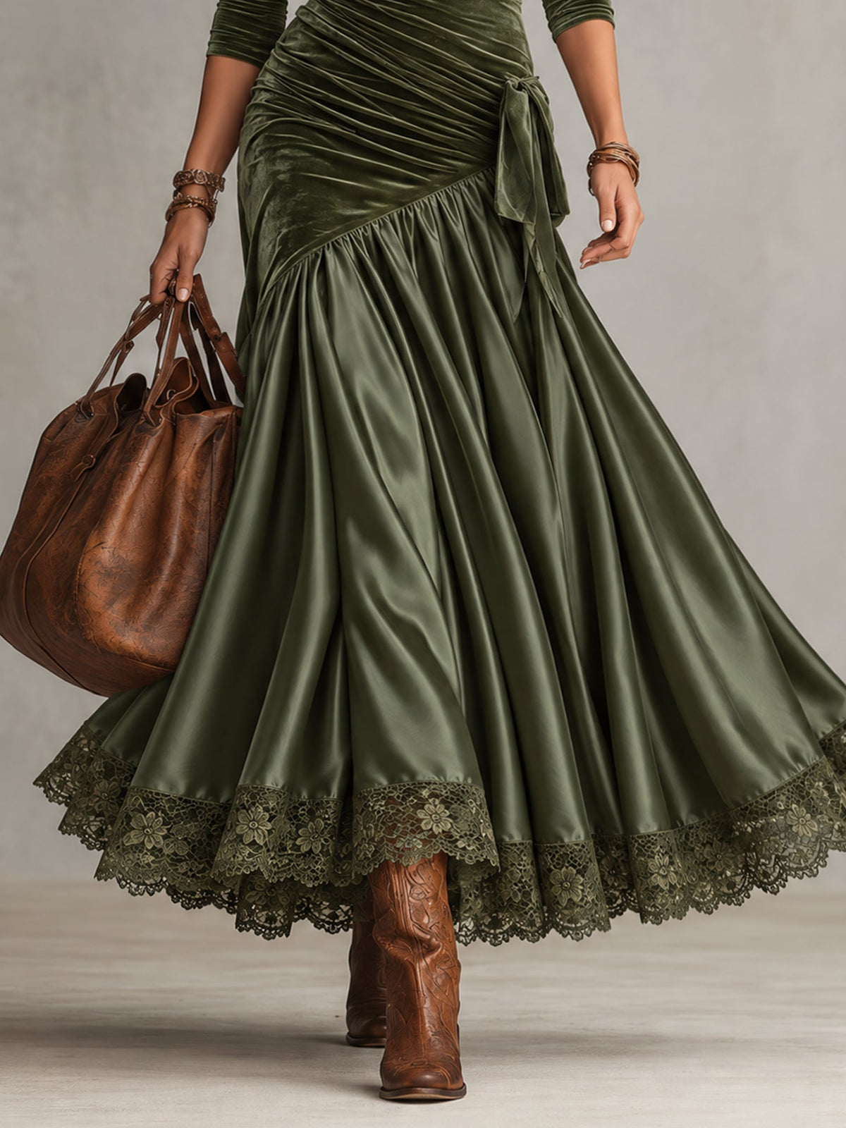 Olive Green Velvet Satin Panelled Lace Hem Maxi Dress