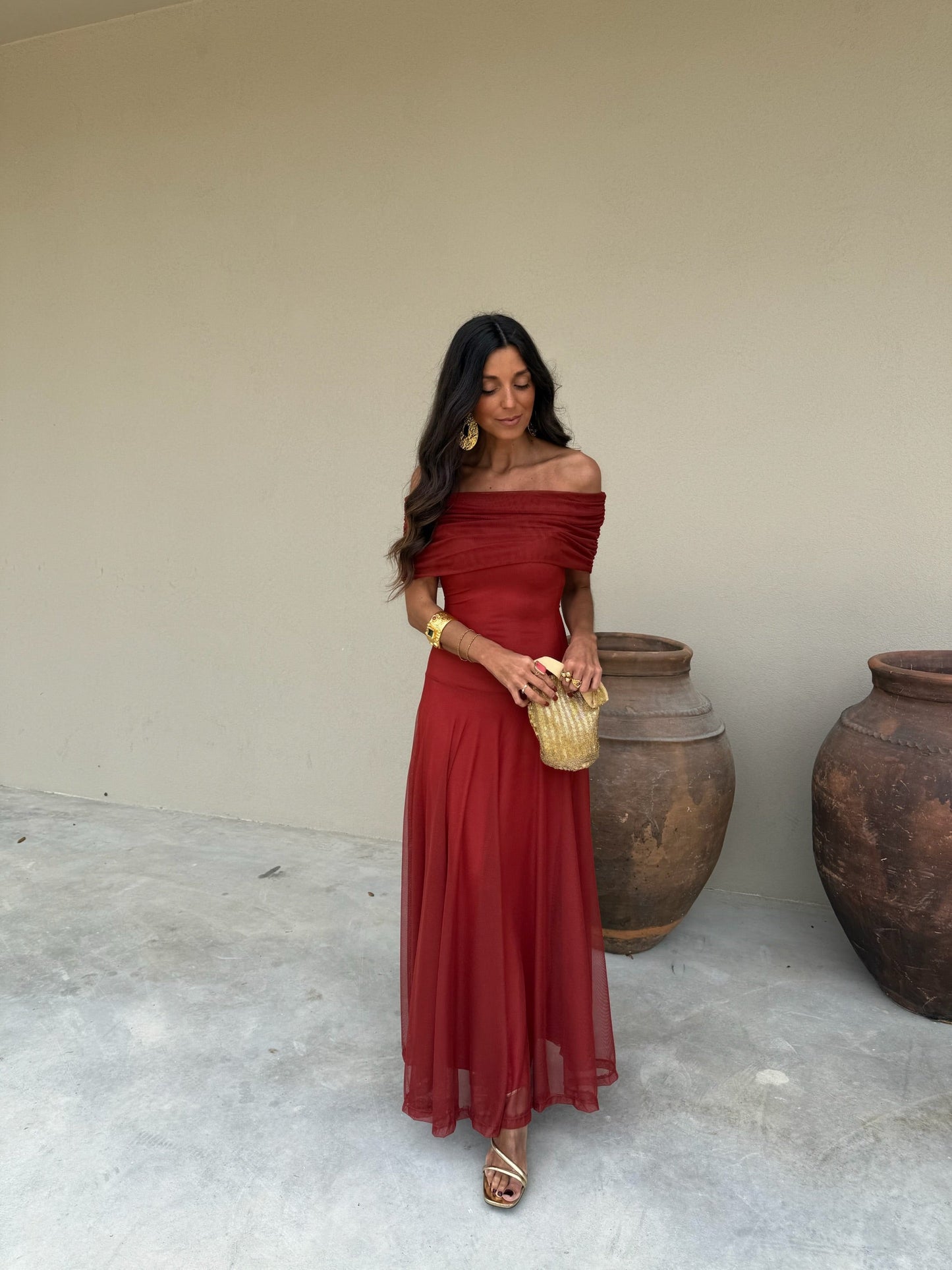 Toledo Tulle Maxi Dress in Terracotta