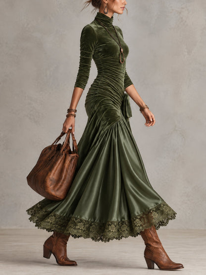Olive Green Velvet Satin Panelled Lace Hem Maxi Dress