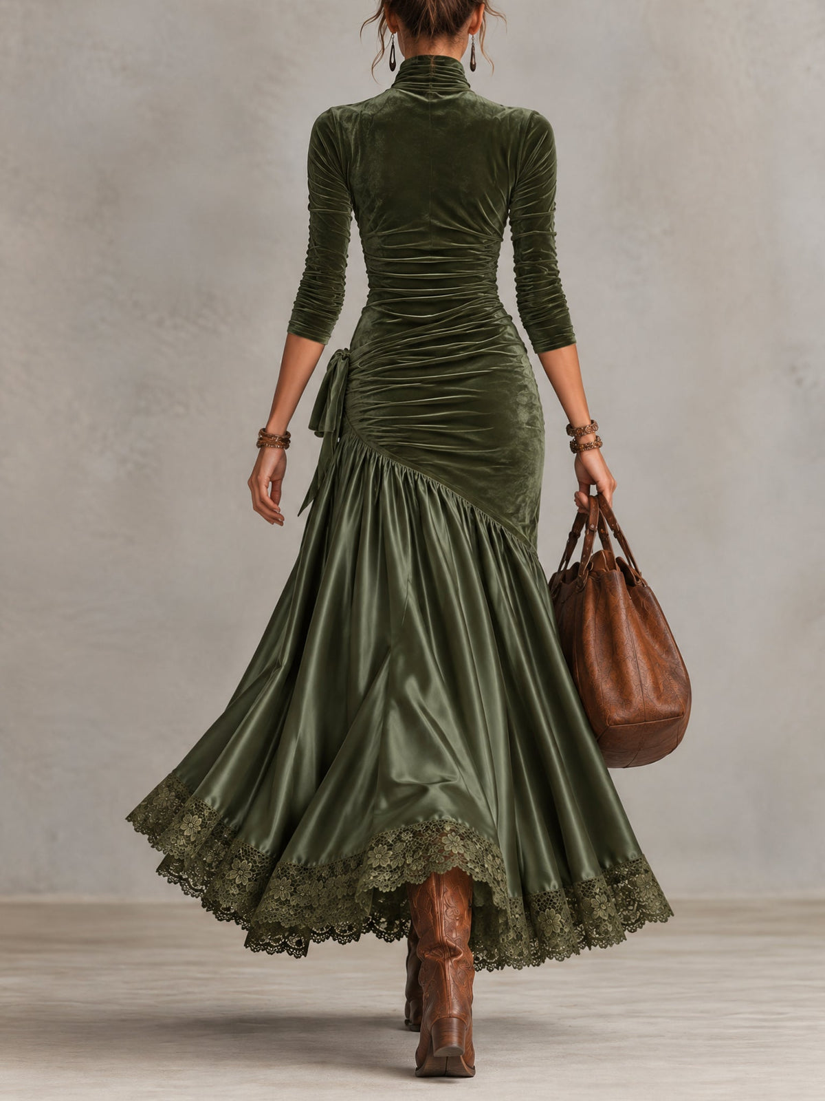 Olive Green Velvet Satin Panelled Lace Hem Maxi Dress