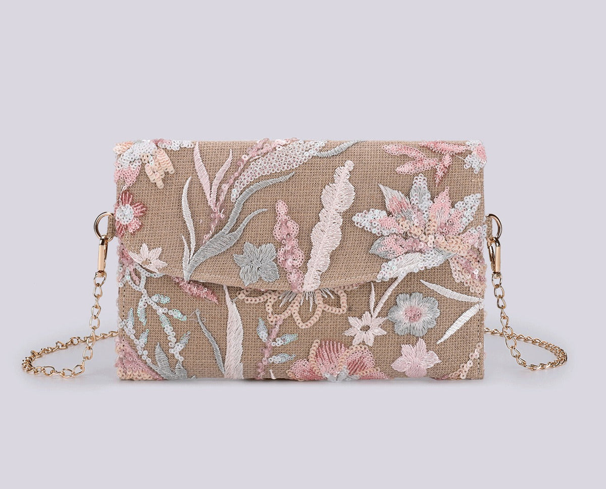 ROSEMEADOW | BLUSH FLORAL SEQUIN CLUTCH CROSSBODY BAG
