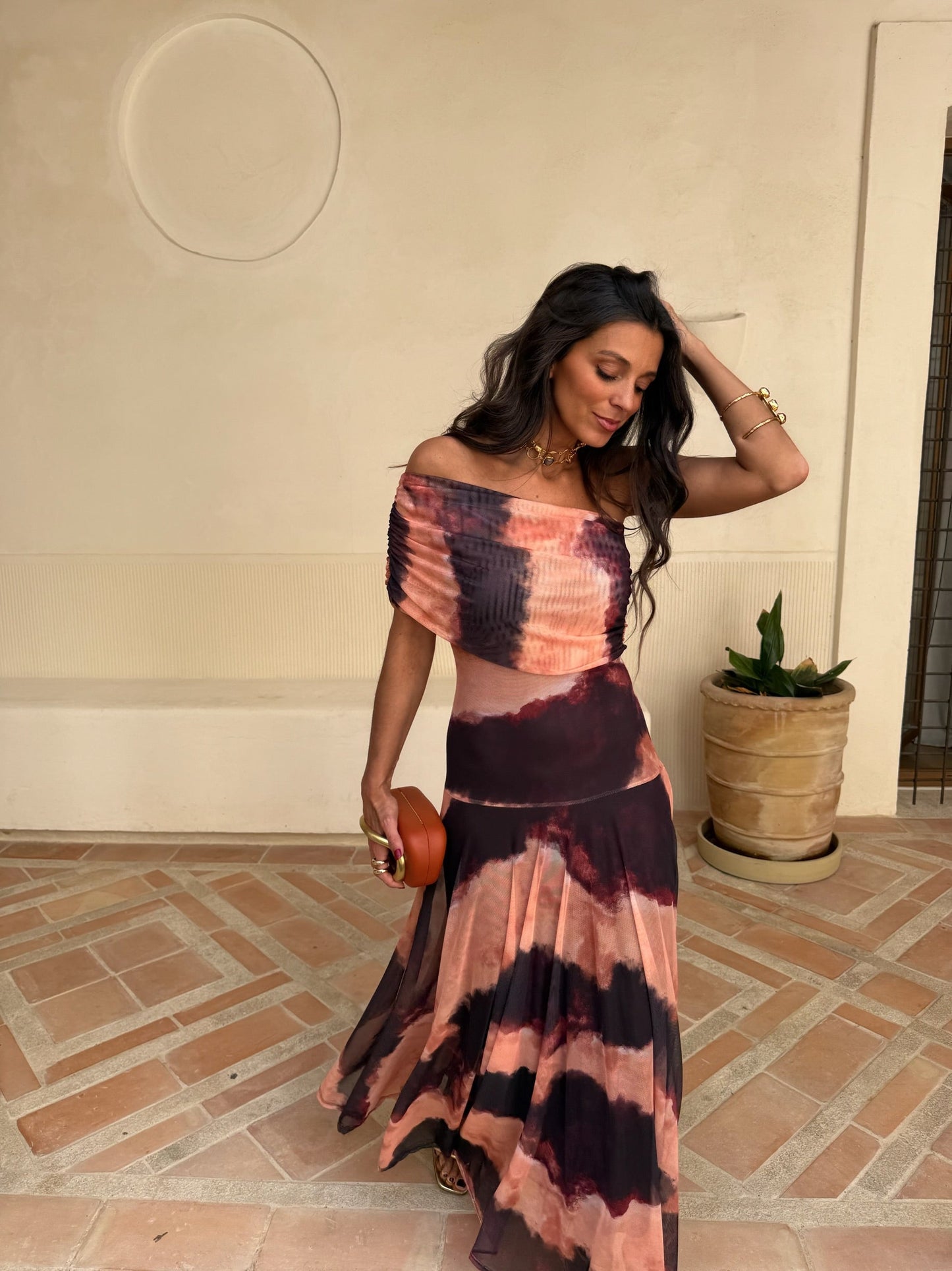 Toledo Tulle Maxi Dress in Rust Print