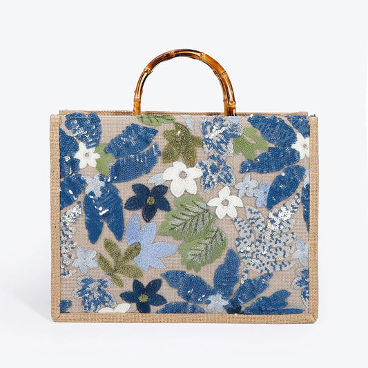 OCEANMEADOW | BLUE FLORAL SEQUIN BAMBOO HANDLE TOTE BAG