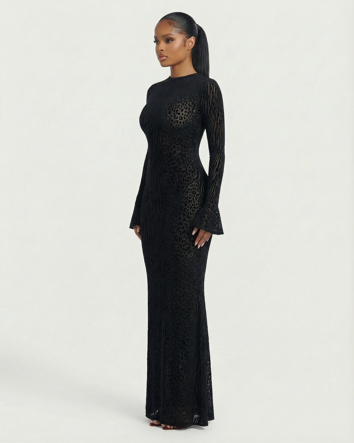 Ashley Mesh Open-Back Maxi Dress in Black — mixed animal print, long sleeves and an open back