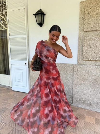 Toledo Tulle Maxi Dress in Crimson Print