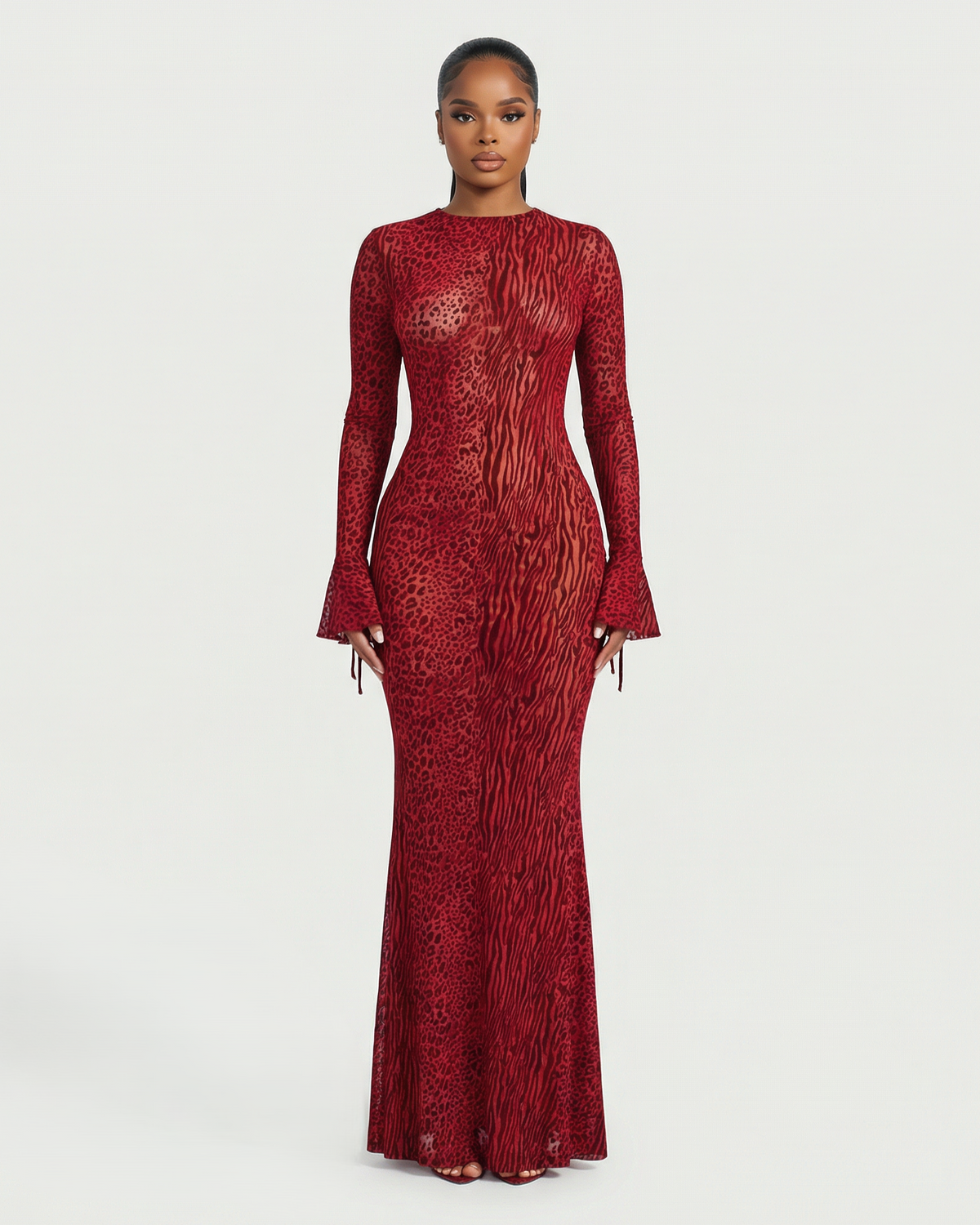 Ashley Mesh Open-Back Maxi Dress in Red — mixed animal print, long sleeves and an open back