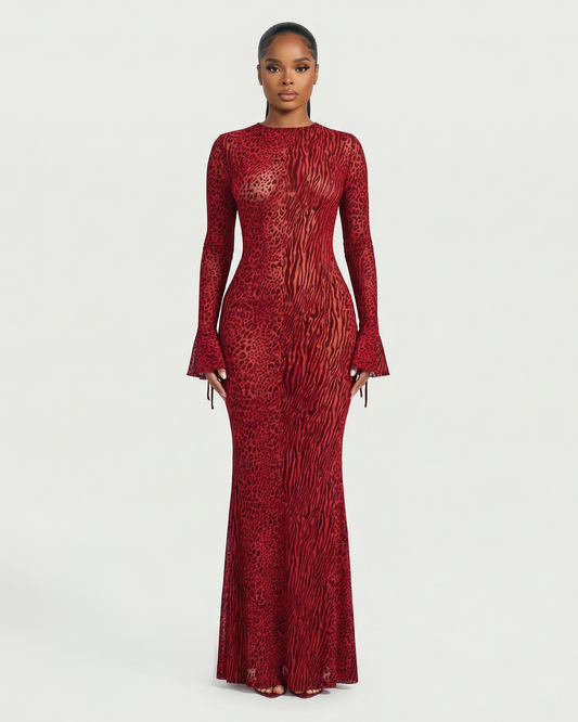Ashley Mesh Open-Back Maxi Dress in Red — mixed animal print, long sleeves and an open back