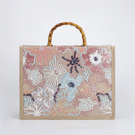 PETALDREAM | PASTEL FLORAL SEQUIN BAMBOO HANDLE TOTE BAG