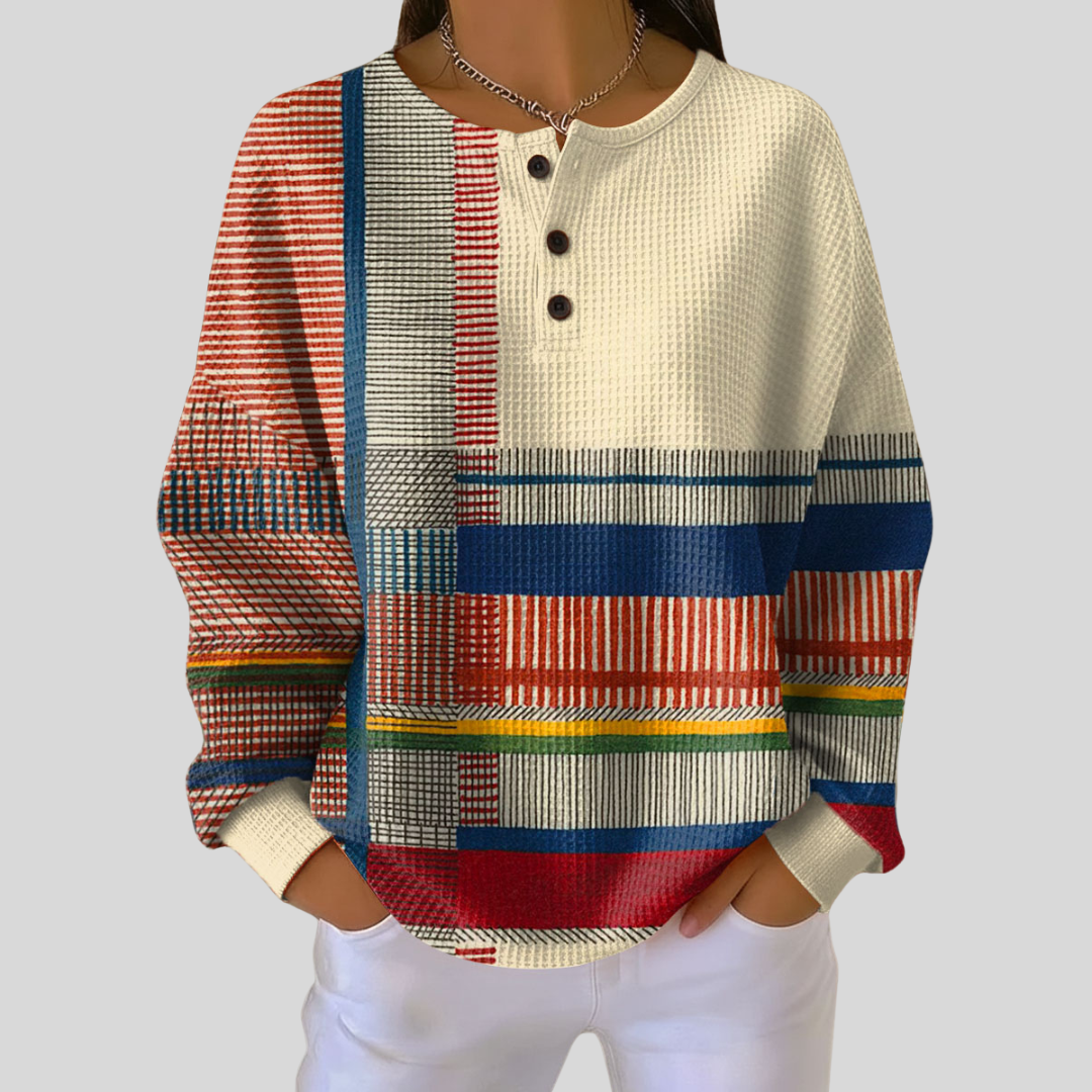 Nancy | Geometric Stripe Waffle Henley Sweatshirt