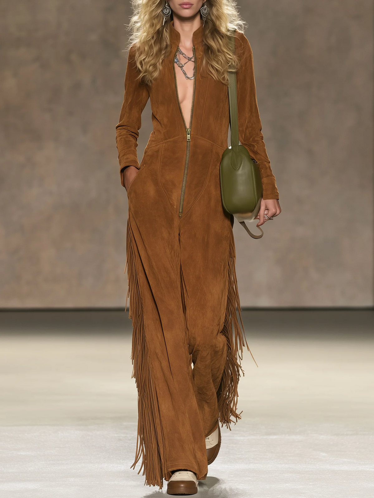 Brown Faux Suede Fringe Jumpsuit with Zip Front