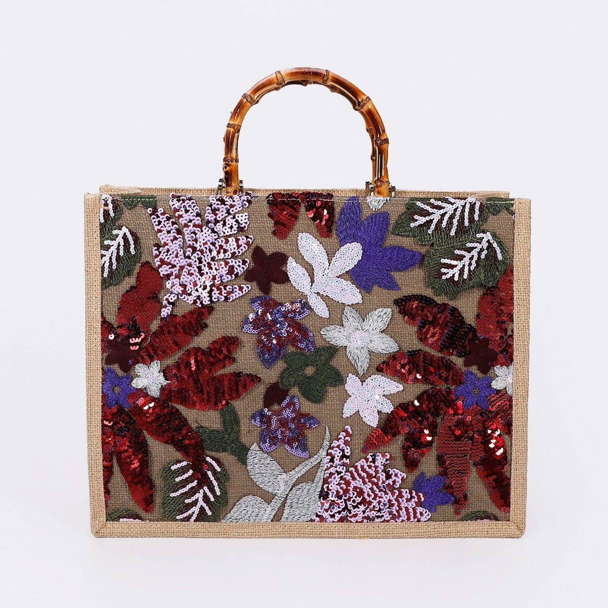 CRIMSONGARDEN | FLORAL SEQUIN BAMBOO HANDLE TOTE BAG
