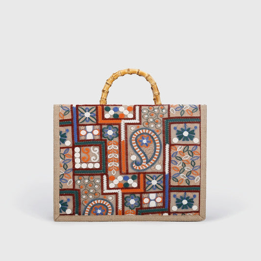 BOHEMIANMOSAIC | EMBROIDERED BAMBOO HANDLE TOTE BAG