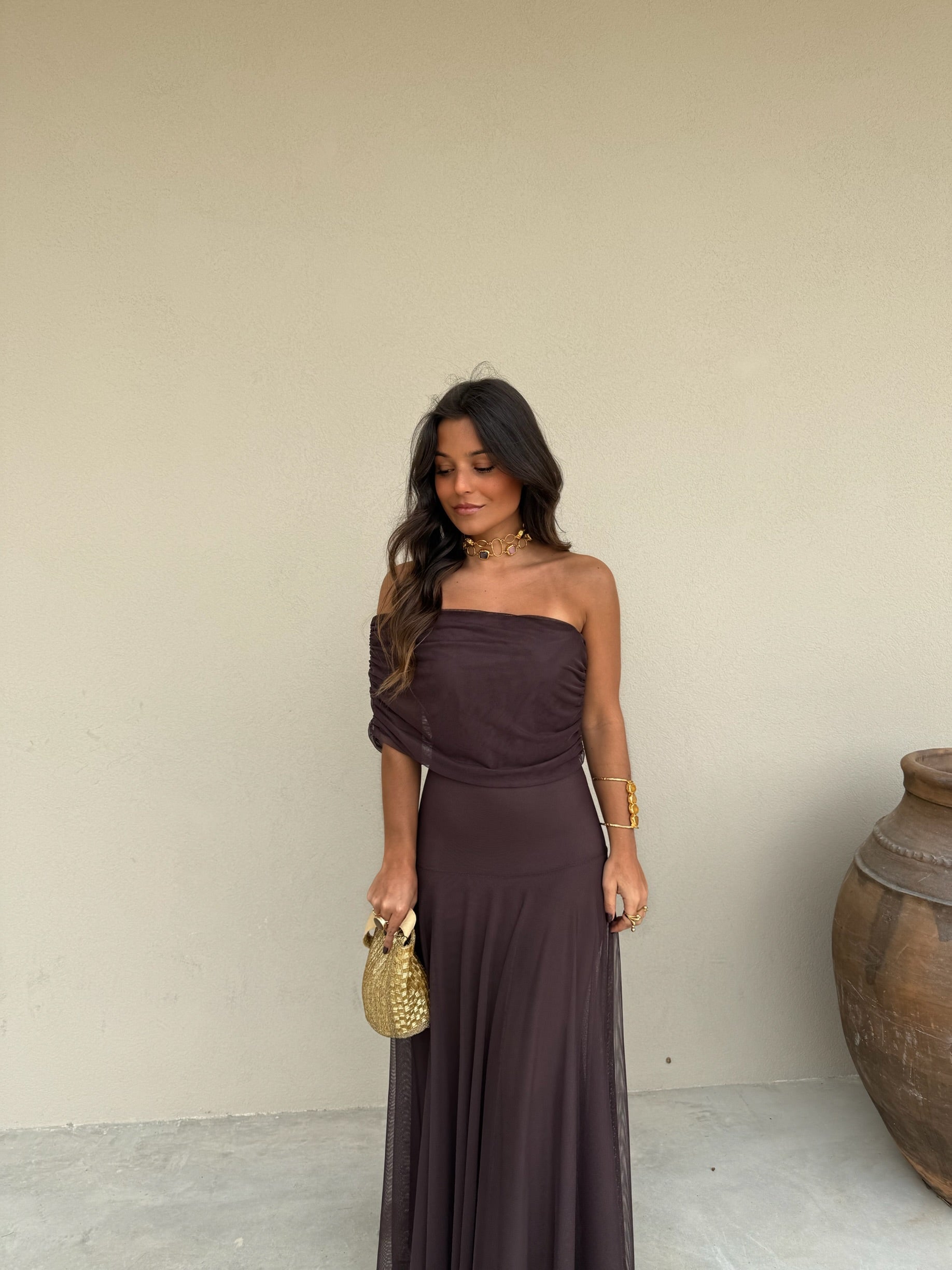 Toledo Tulle Maxi Dress in Chocolate