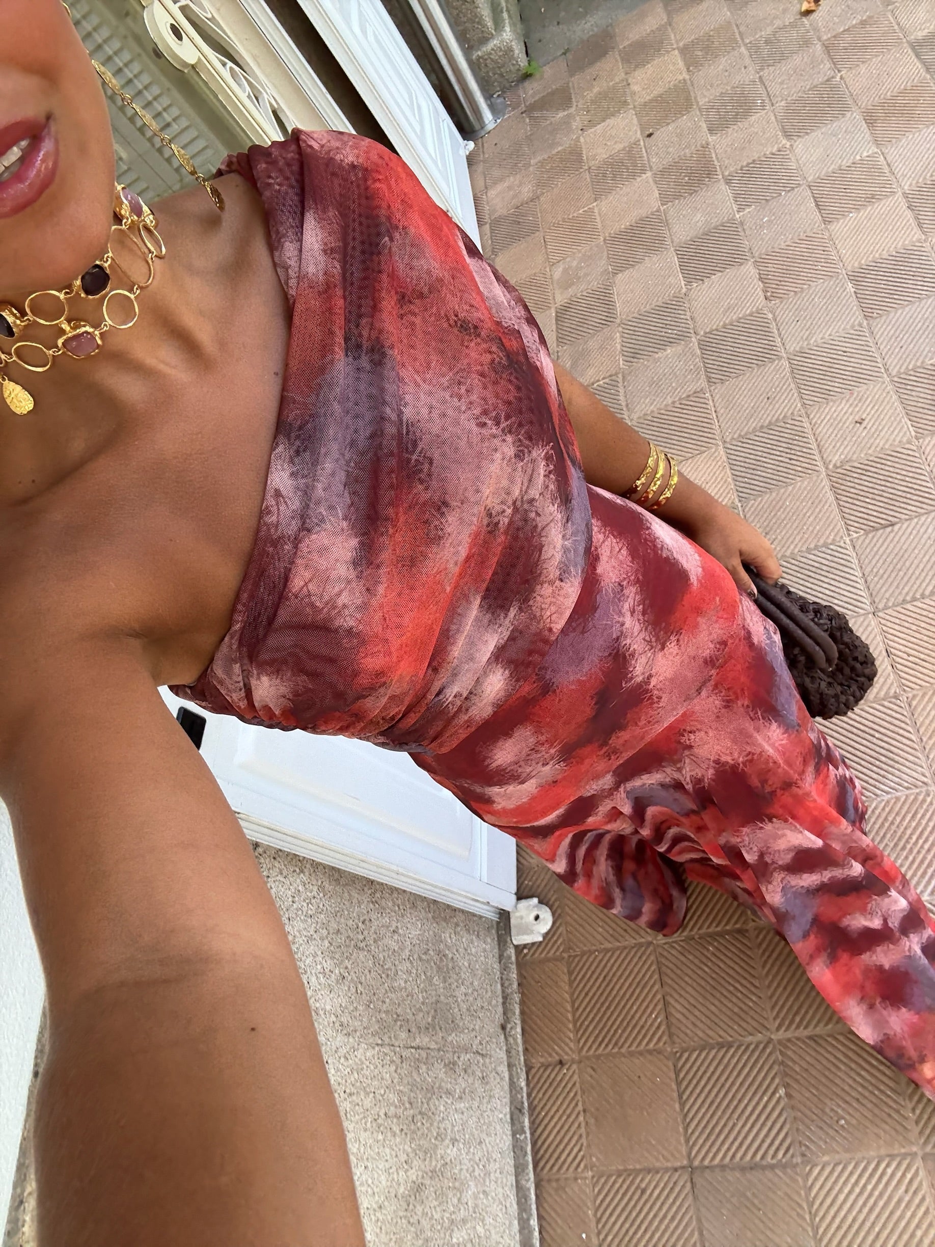 Toledo Tulle Maxi Dress in Crimson Print