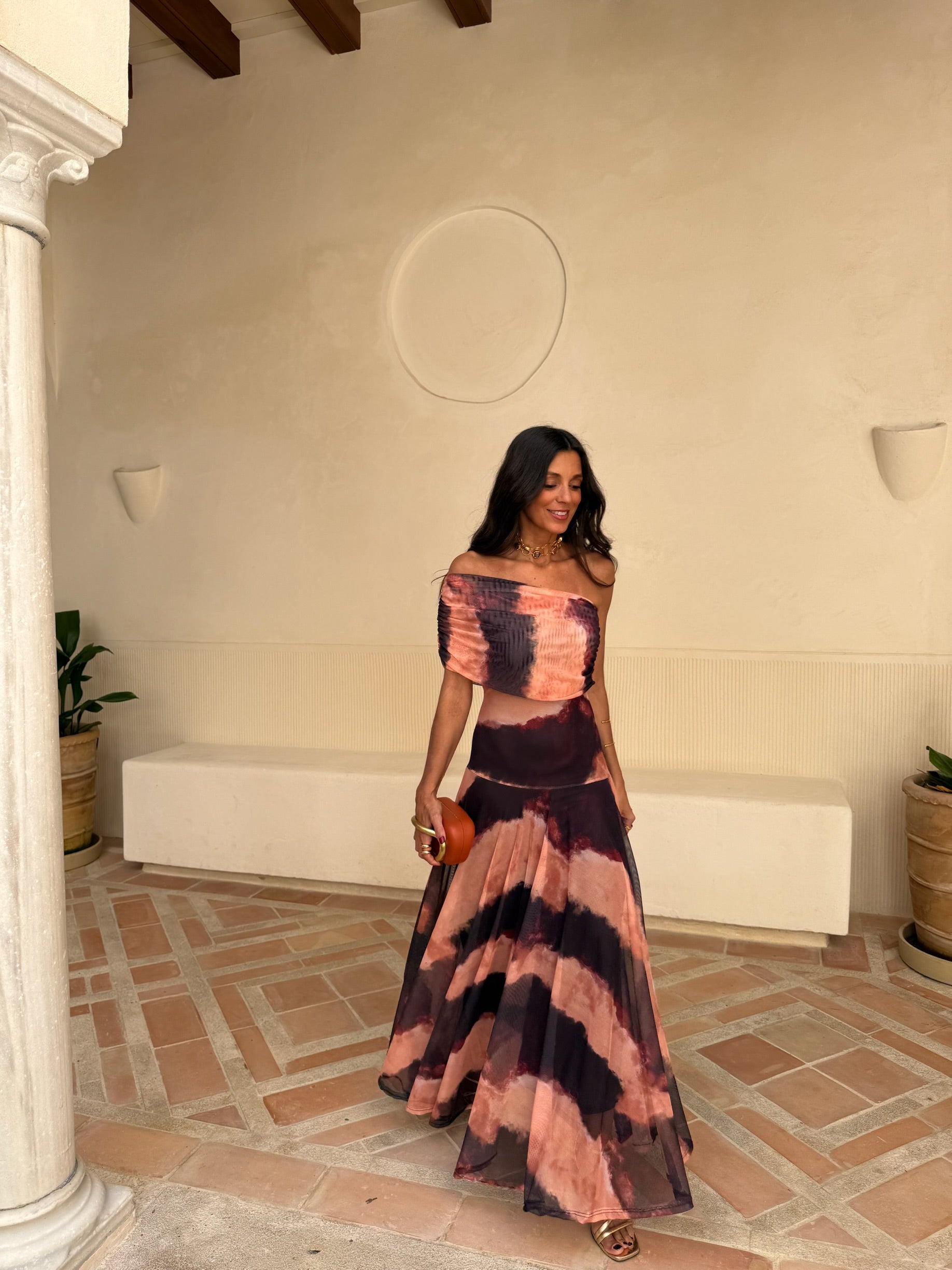 Toledo Tulle Maxi Dress in Rust Print