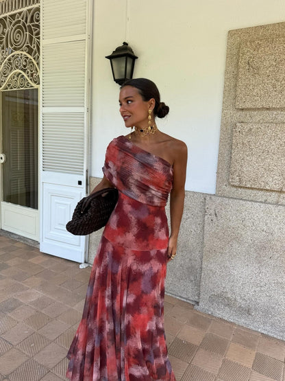 Toledo Tulle Maxi Dress in Crimson Print