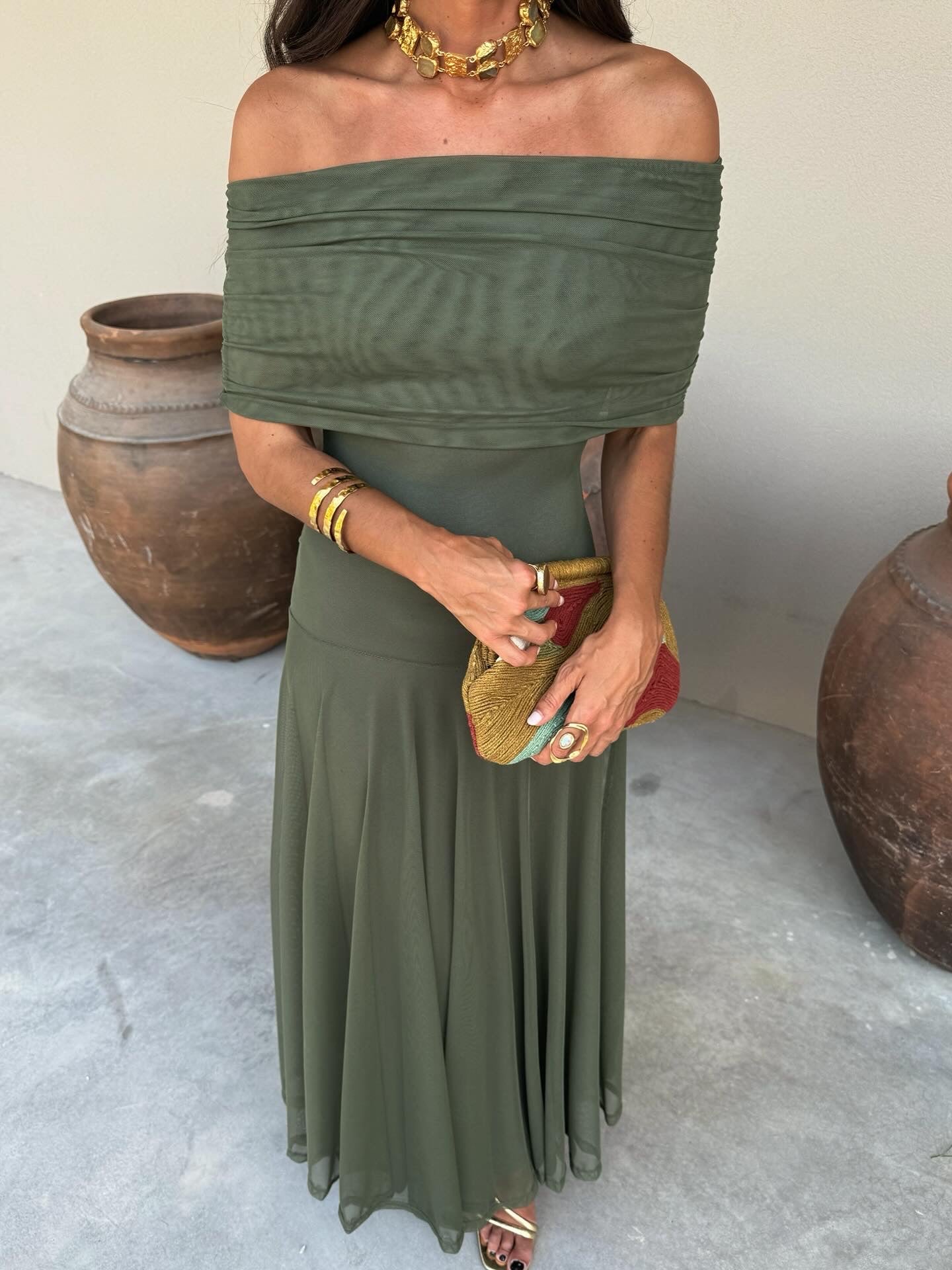 Toledo Tulle Maxi Dress in Olive