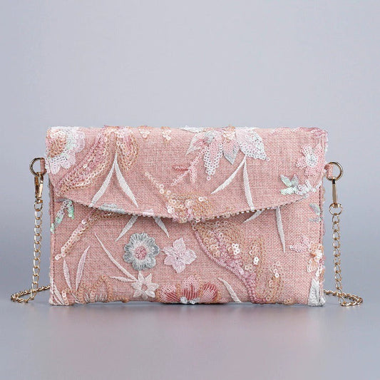 BLUSHGARDEN | PINK FLORAL SEQUIN CLUTCH CROSSBODY BAG