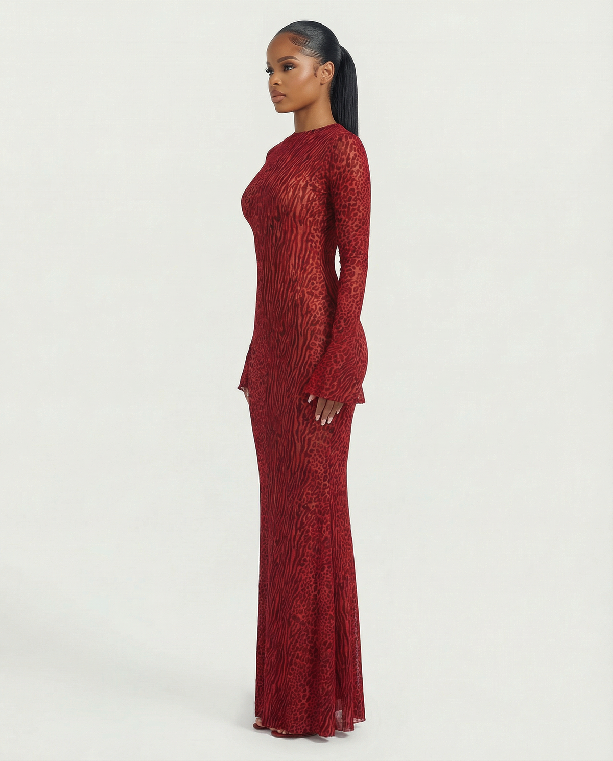 Ashley Mesh Open-Back Maxi Dress in Red 
