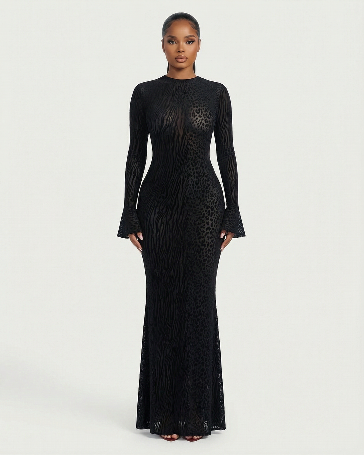 Ashley Mesh Open-Back Maxi Dress in Black — mixed animal print, long sleeves and an open back