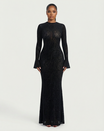 Ashley Mesh Open-Back Maxi Dress in Black — mixed animal print, long sleeves and an open back