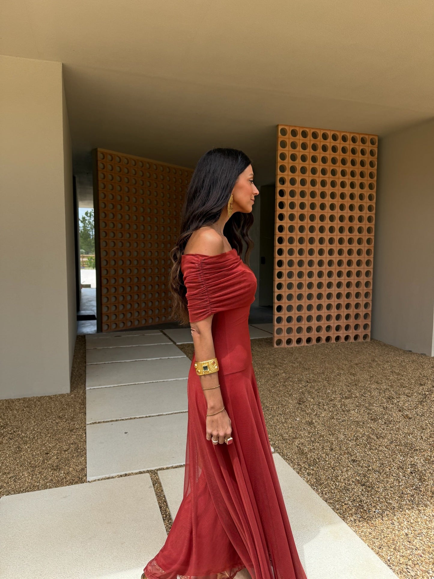 Toledo Tulle Maxi Dress in Terracotta