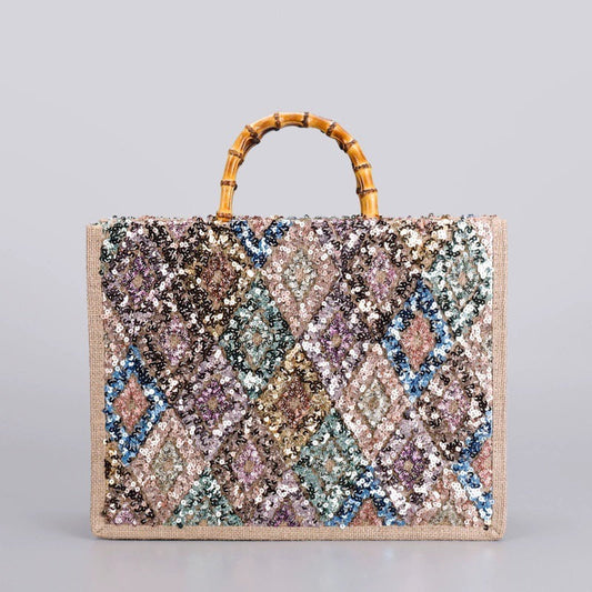 MOSAICGLIMMER | MULTICOLOR SEQUIN BAMBOO HANDLE TOTE BAG