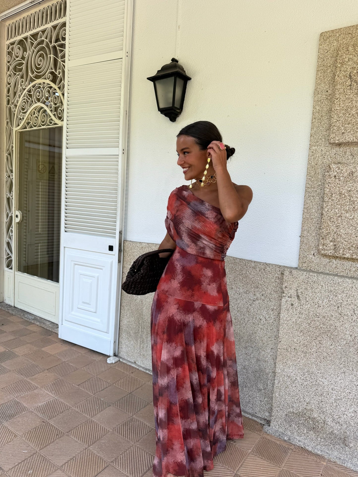 Toledo Tulle Maxi Dress in Crimson Print