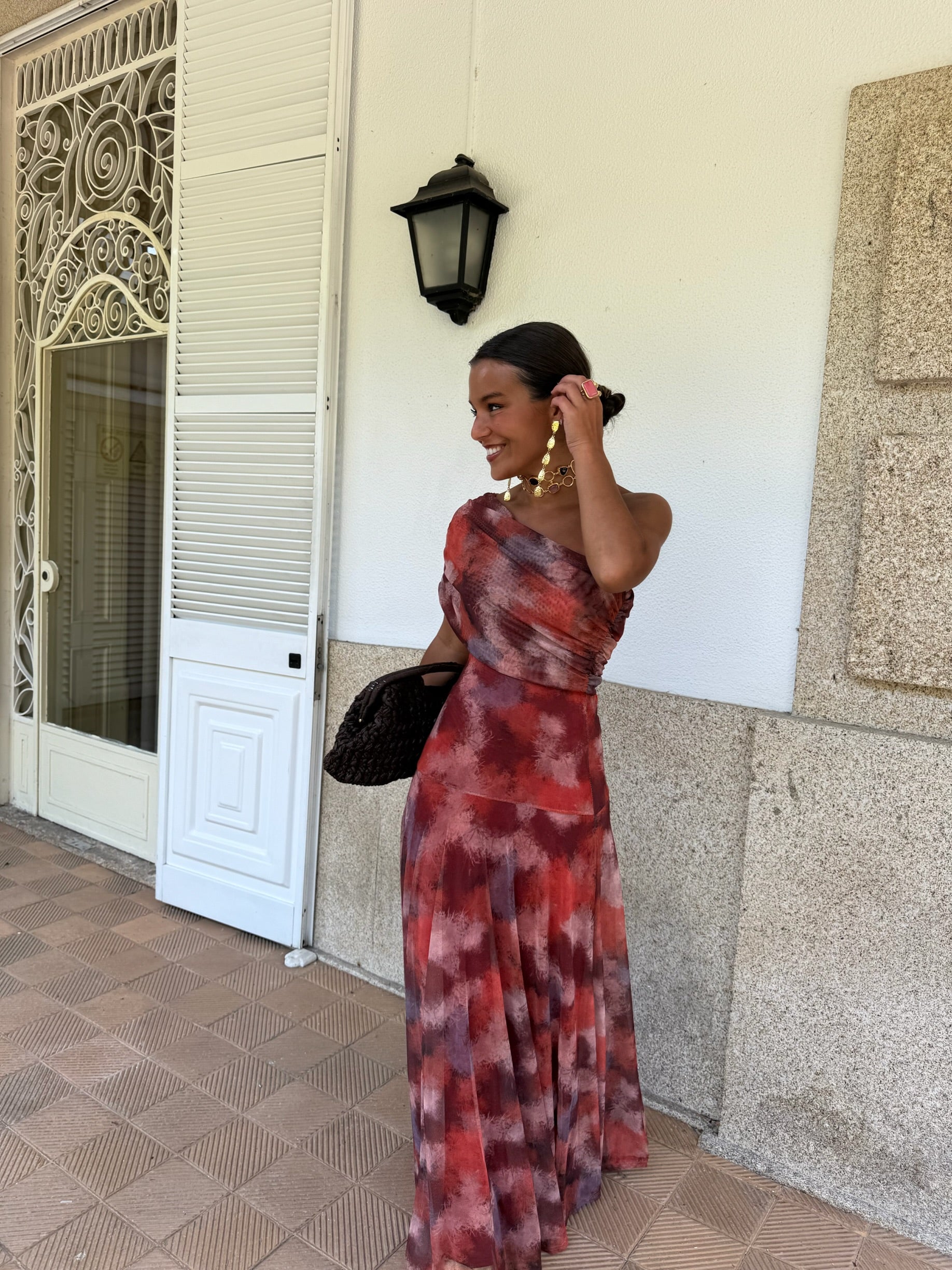 Toledo Tulle Maxi Dress in Crimson Print