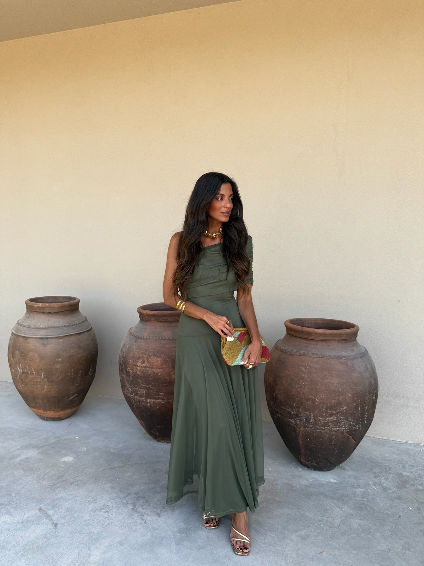 Toledo Tulle Maxi Dress in Olive