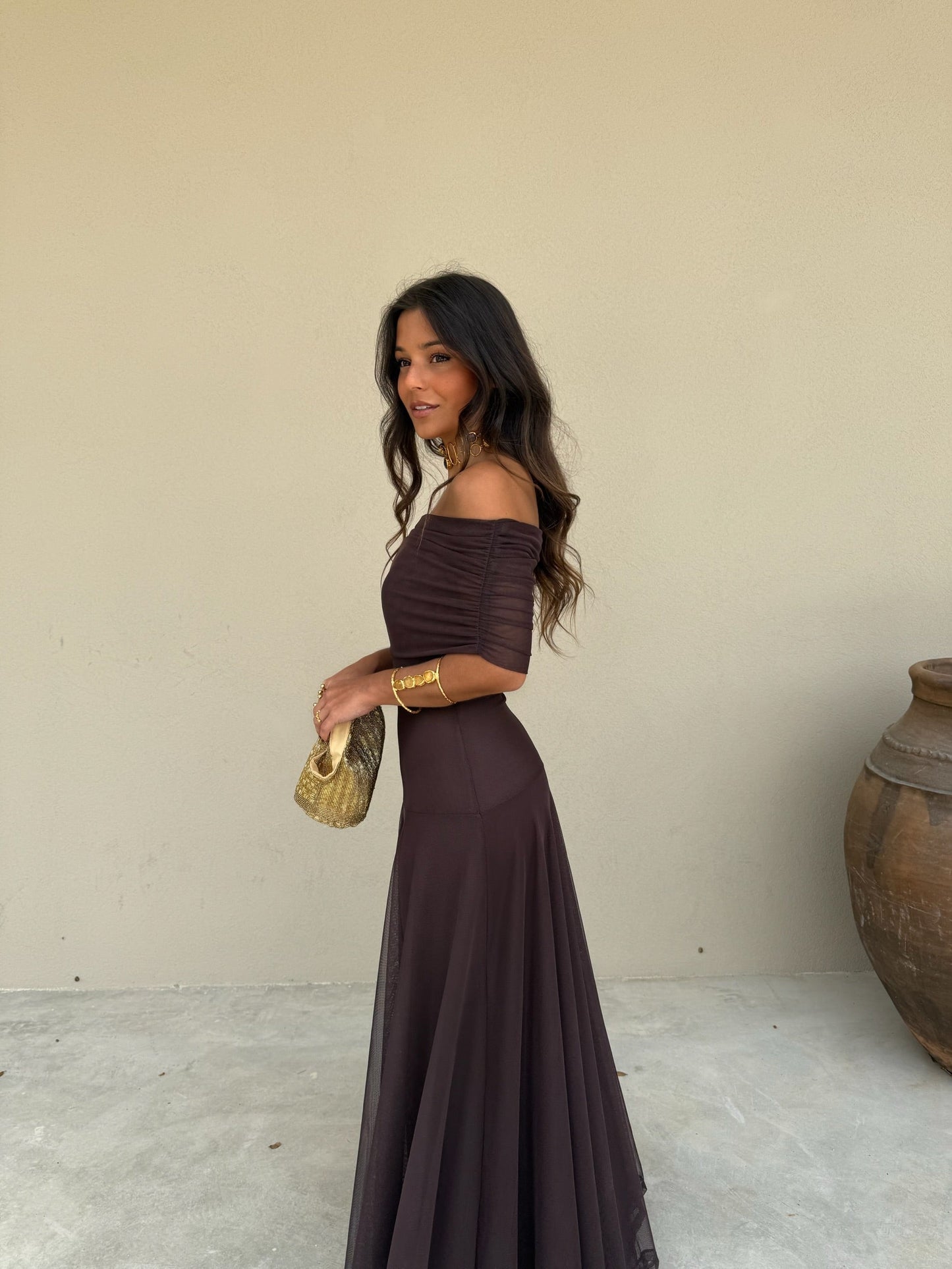 Toledo Tulle Maxi Dress in Chocolate