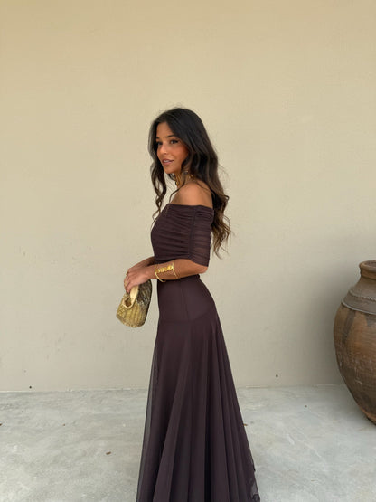 Toledo Tulle Maxi Dress in Chocolate