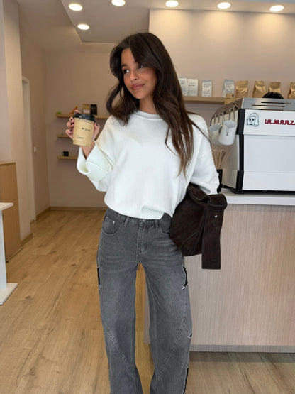 Star Denim Jeans in Grey - styled with knitwear