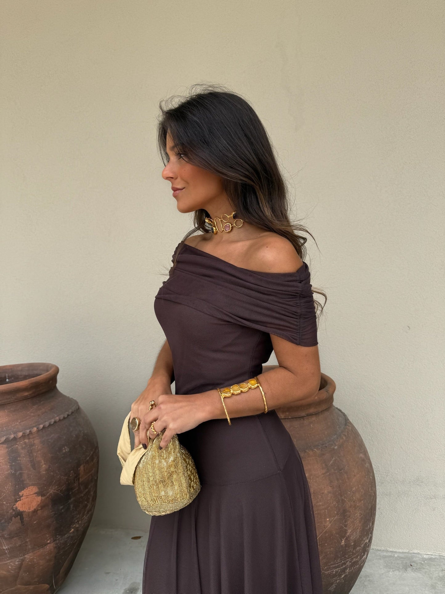 Toledo Tulle Maxi Dress in Chocolate