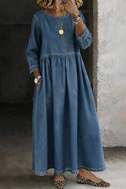 Zephyrelle | Jeansowa Sukienka Maxi w Stylu Vintage