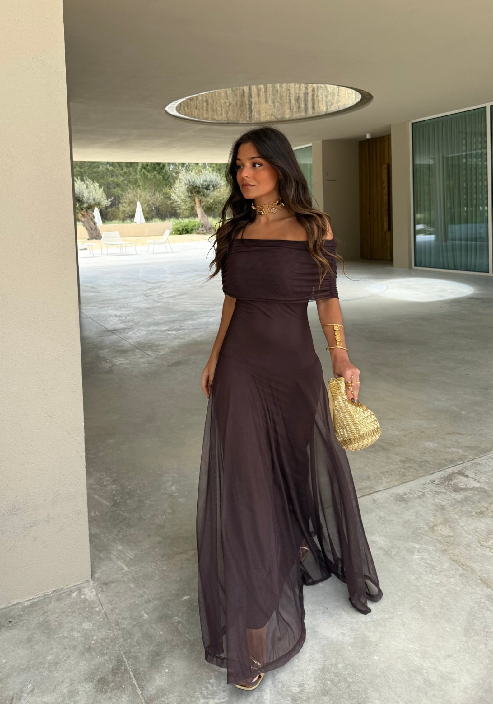 Toledo Tulle Maxi Dress in Chocolate