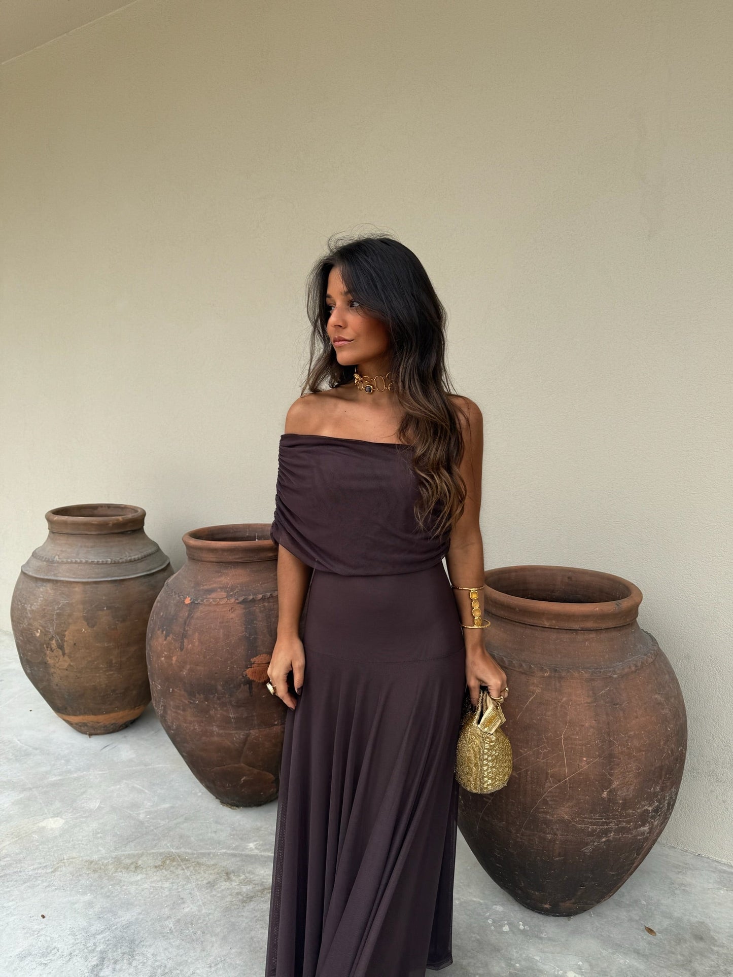 Toledo Tulle Maxi Dress in Chocolate