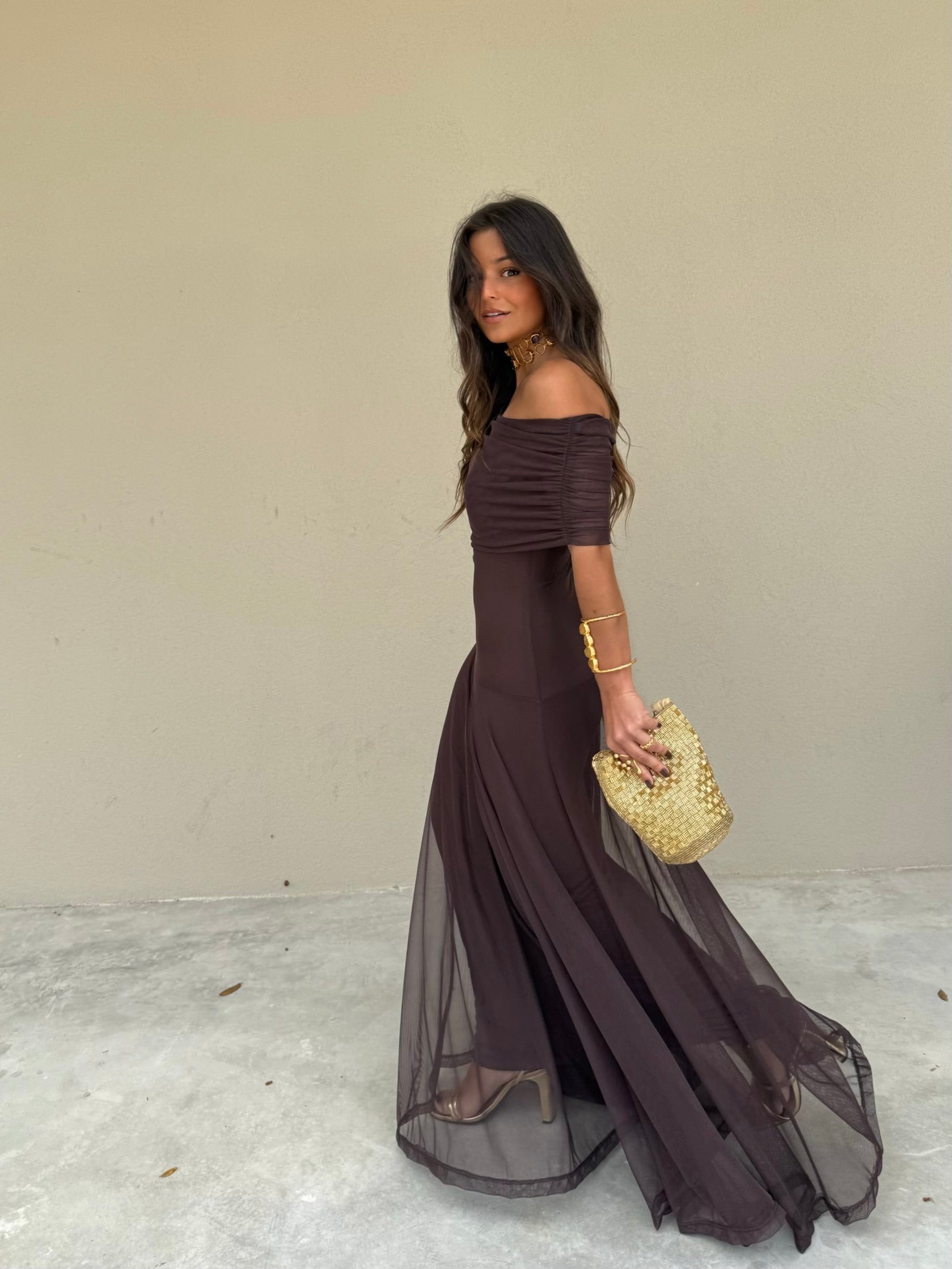 Toledo Tulle Maxi Dress in Chocolate