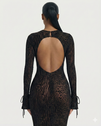 Ashley Mesh Open-Back Maxi Dress in Black — mixed animal print, long sleeves and an open back