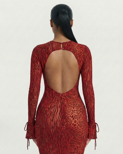 Ashley Mesh Open-Back Maxi Dress in Red 