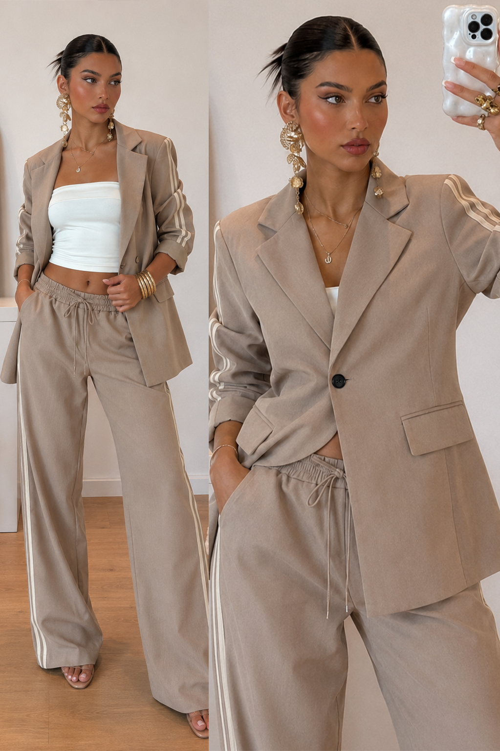 Noemi Blazer & Palazzo Trouser Set in Beige — soft blazer and palazzo trousers with a contrast side stripe