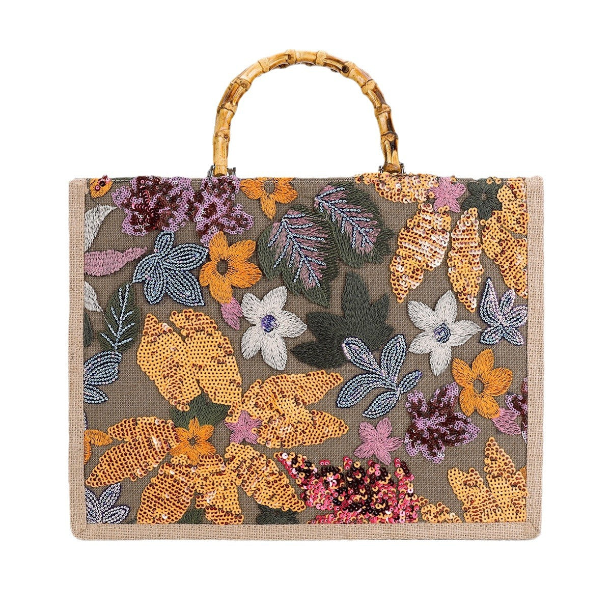 HARVESTGARDEN | FLORAL SEQUIN BAMBOO HANDLE TOTE BAG