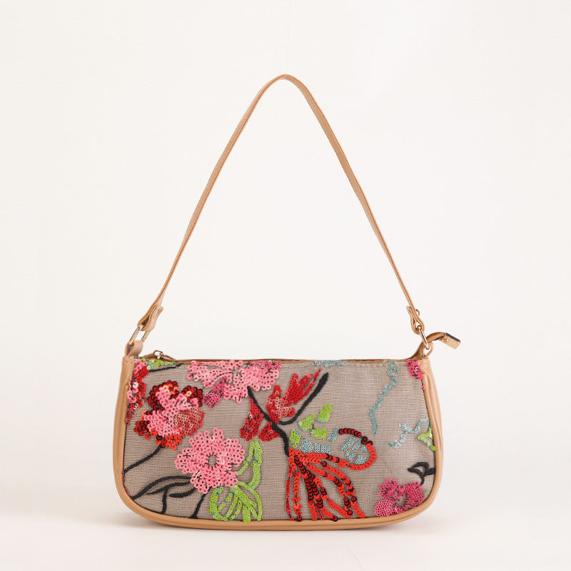 <font dir="auto" style="vertical-align: inherit;"><font dir="auto" style="vertical-align: inherit;">Sequined Embroidered Flower Shoulder Bag, New Cross-Border Style, Embroidered Floral Accessories, Underarm Bag, Crossbody Bag, Spring/Summer Women's Bag</f