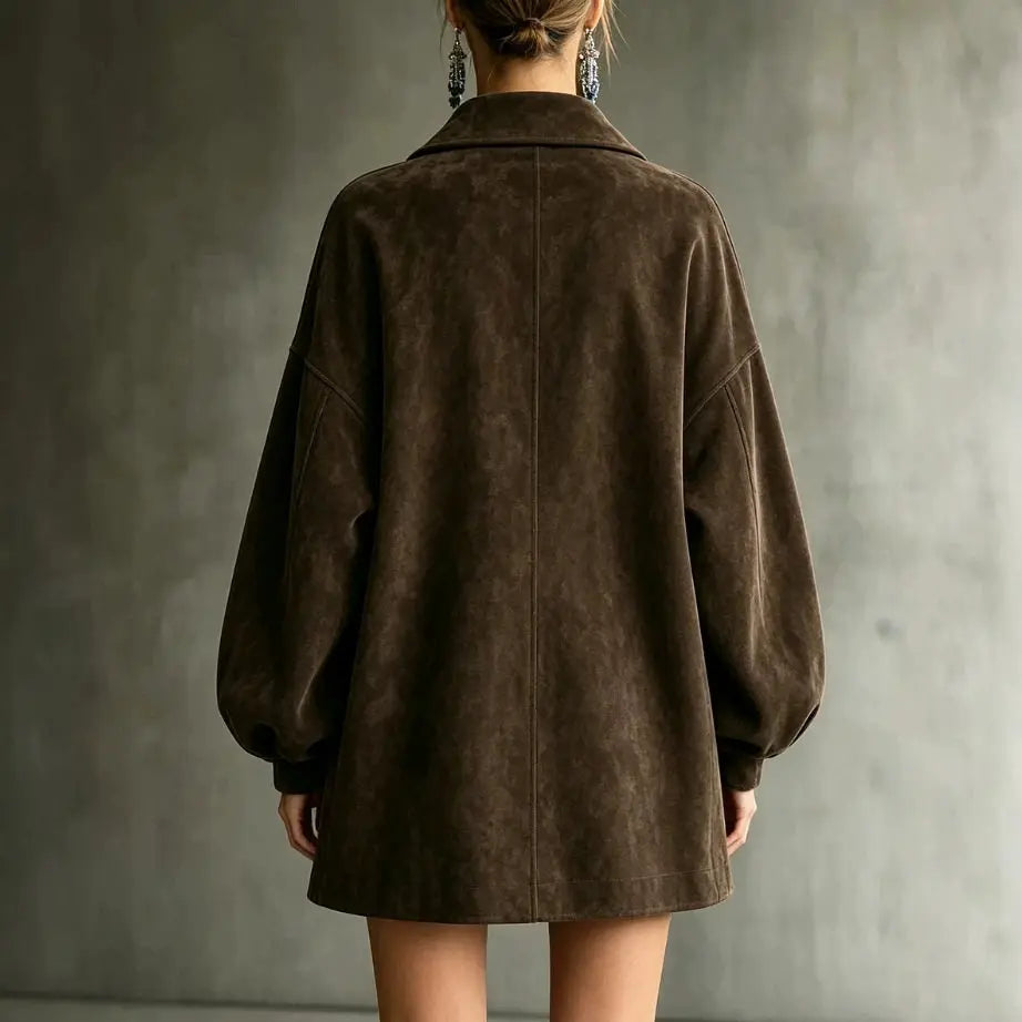 Shannon | Faux Suede Lapel Coat With Oversized Gold Buttons