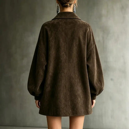 Shannon | Faux Suede Lapel Coat With Oversized Gold Buttons