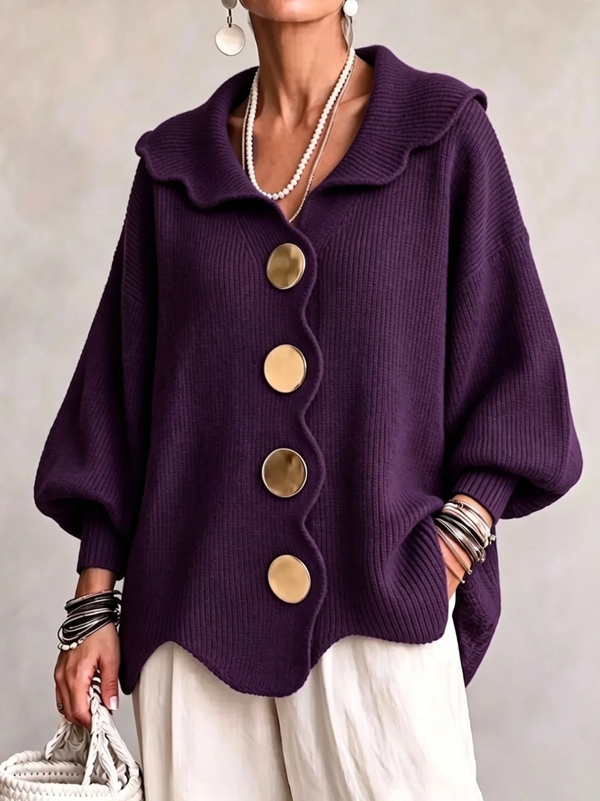 Amaria | Scalloped Open-Front Cardigan With Statement Buttons